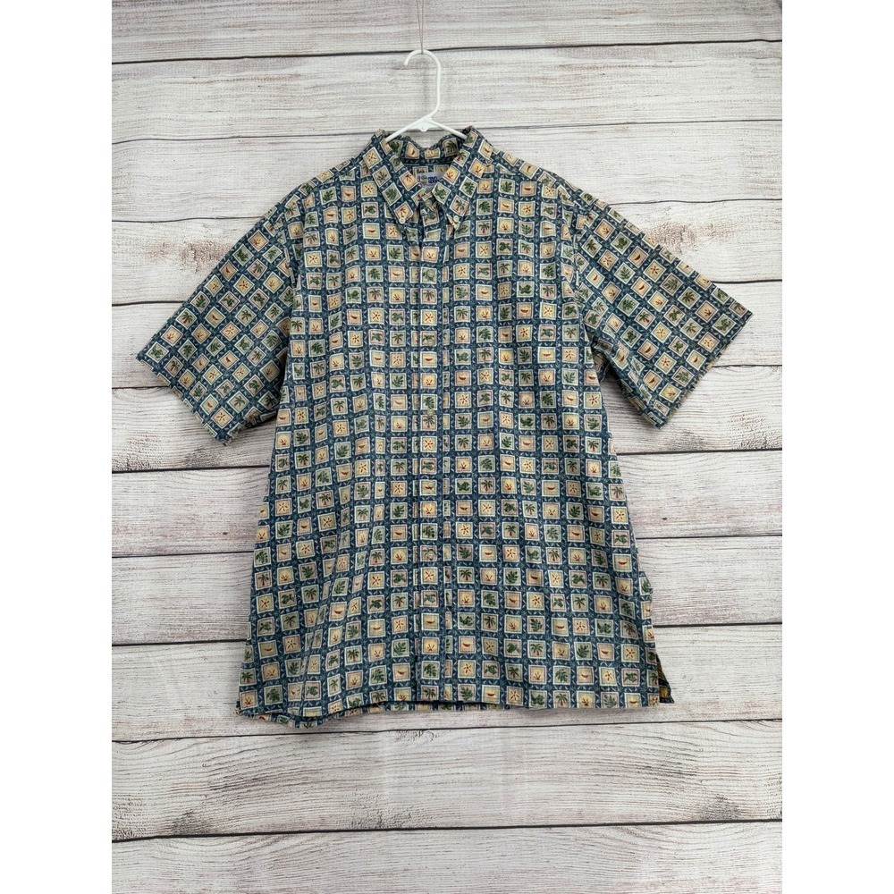 Reyn Spooner Button Down Shirt Mens XXL Blue Tropical Palm Tree Grid S/S